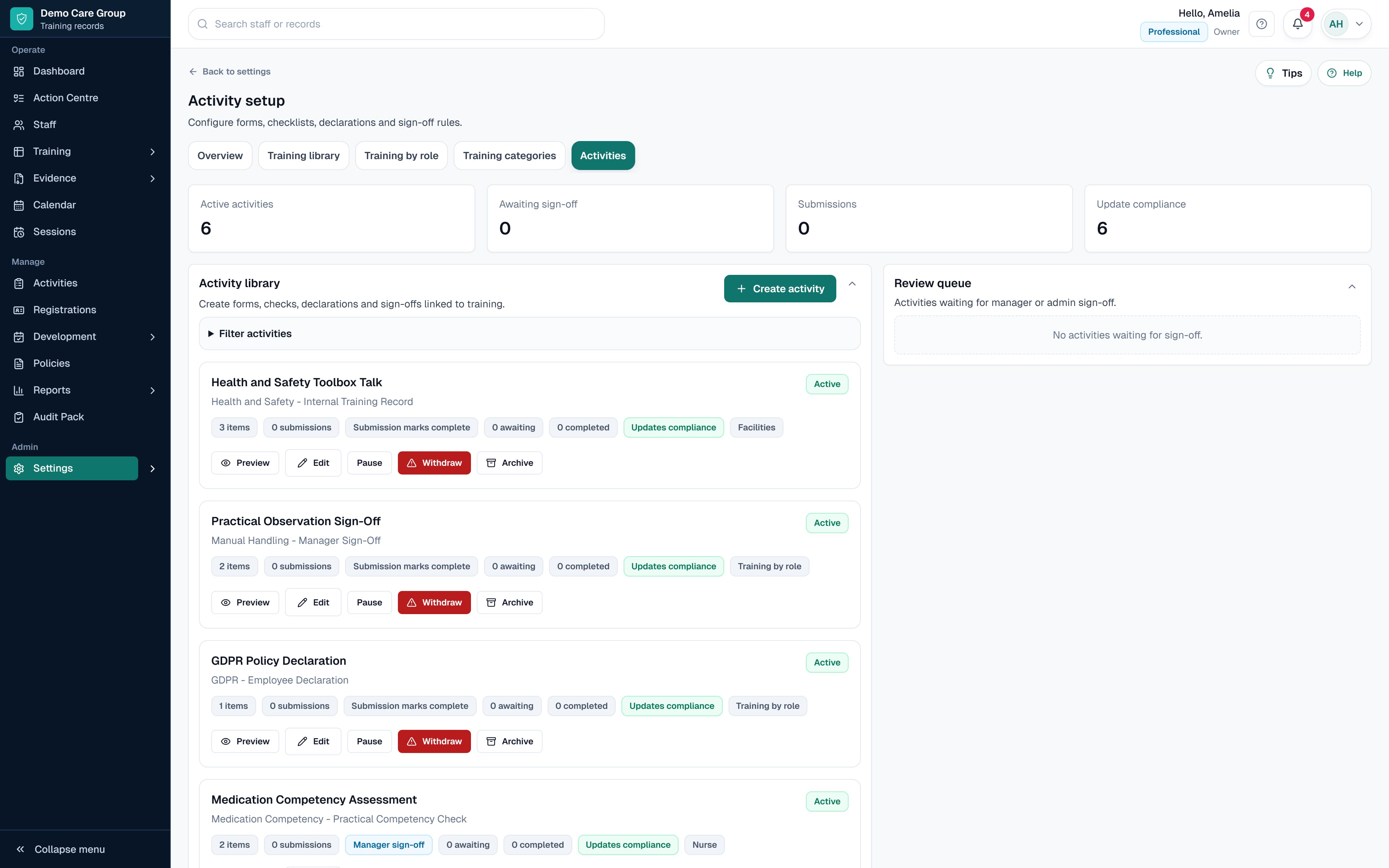 SkillProof Activities page showing activity records.