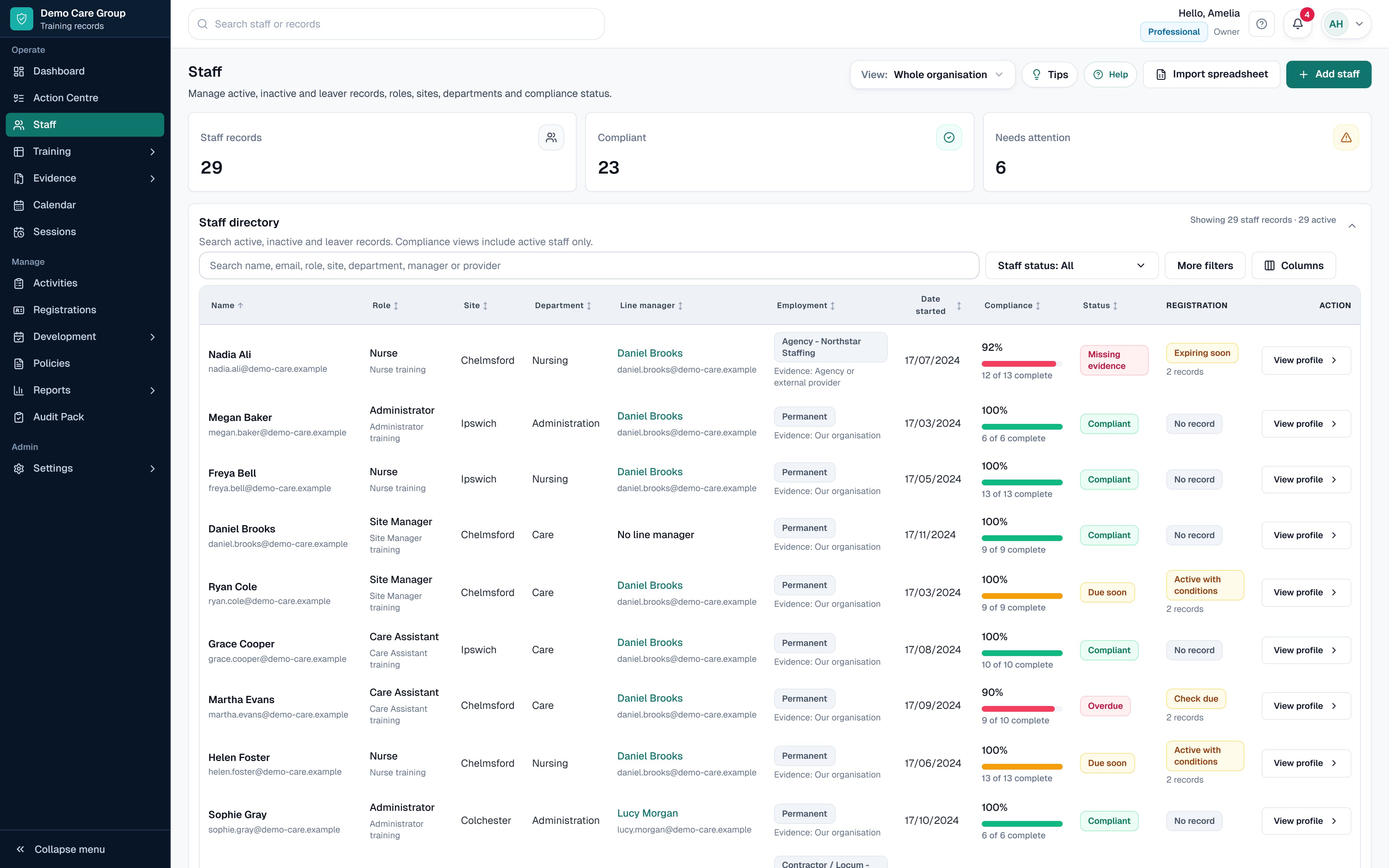 SkillProof people view showing workforce records that can be filtered by role, team and status.