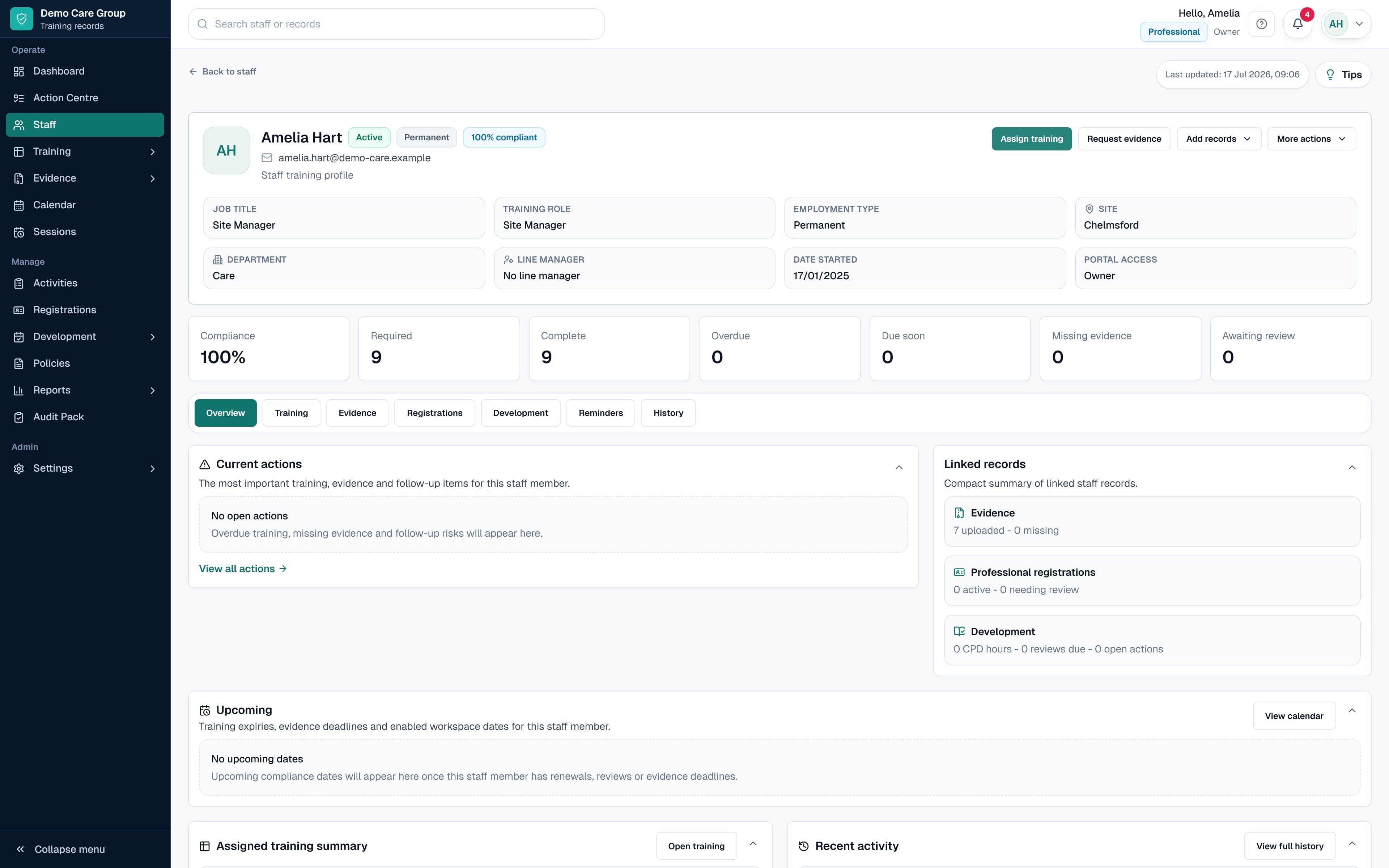 SkillProof staff profile showing connected workforce records.