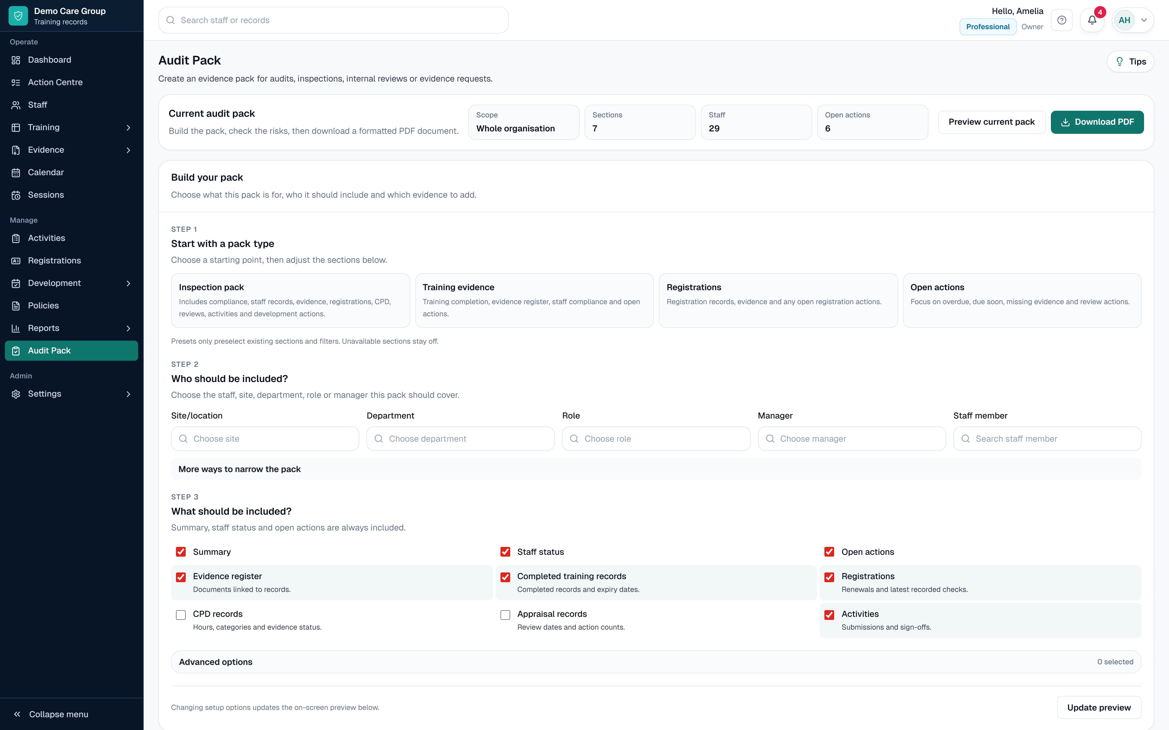 SkillProof Audit Pack showing organised staff training records using safe demo data.